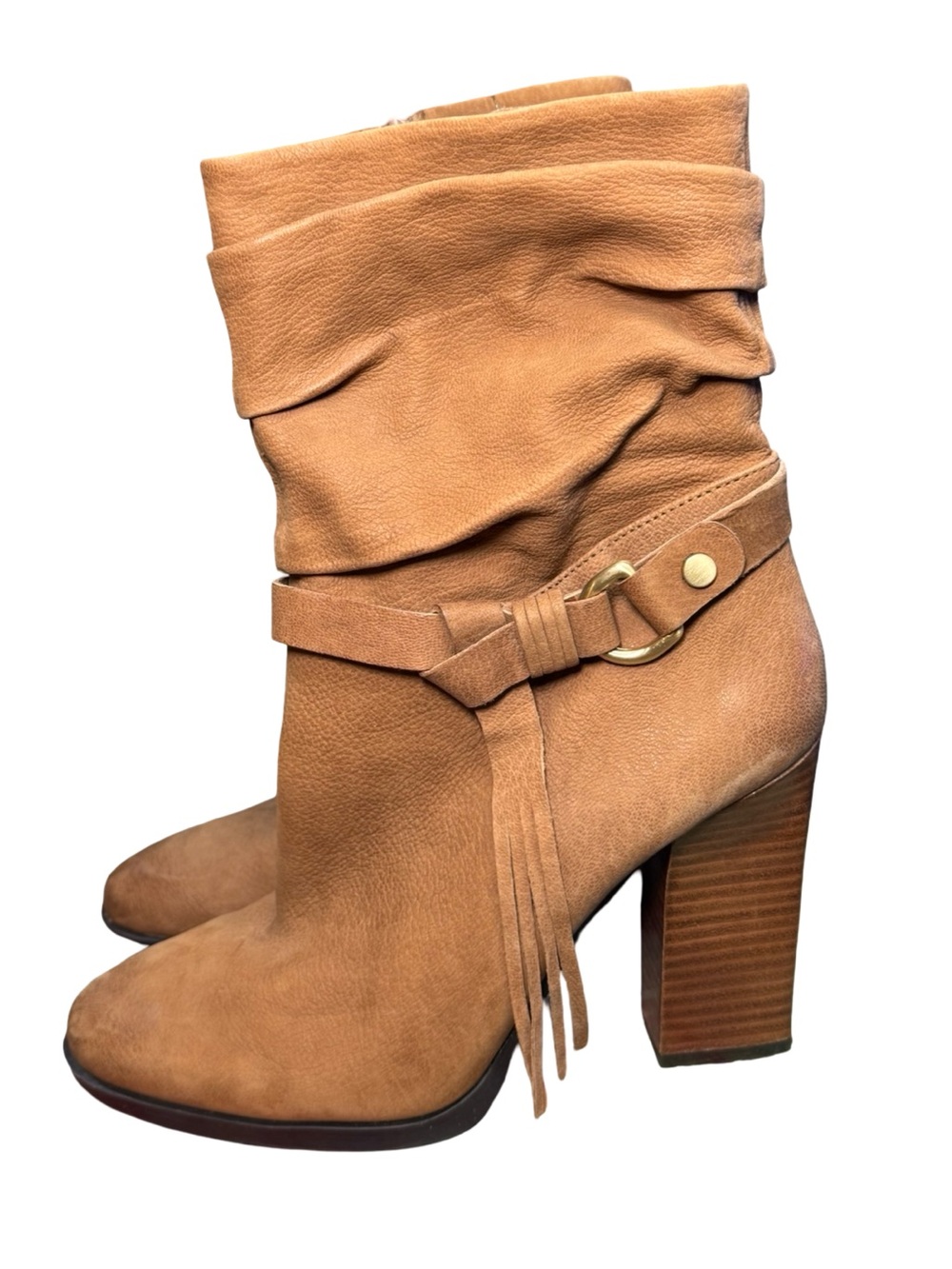 👝 Guess Tan Slouchy Fringe High Heel Ankle Boots 👝